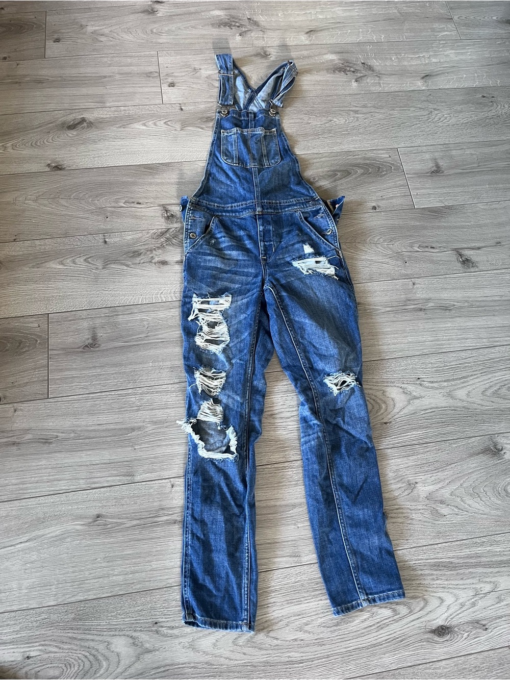 American Eagle Outfitters Blue Distressed Denim Overalls